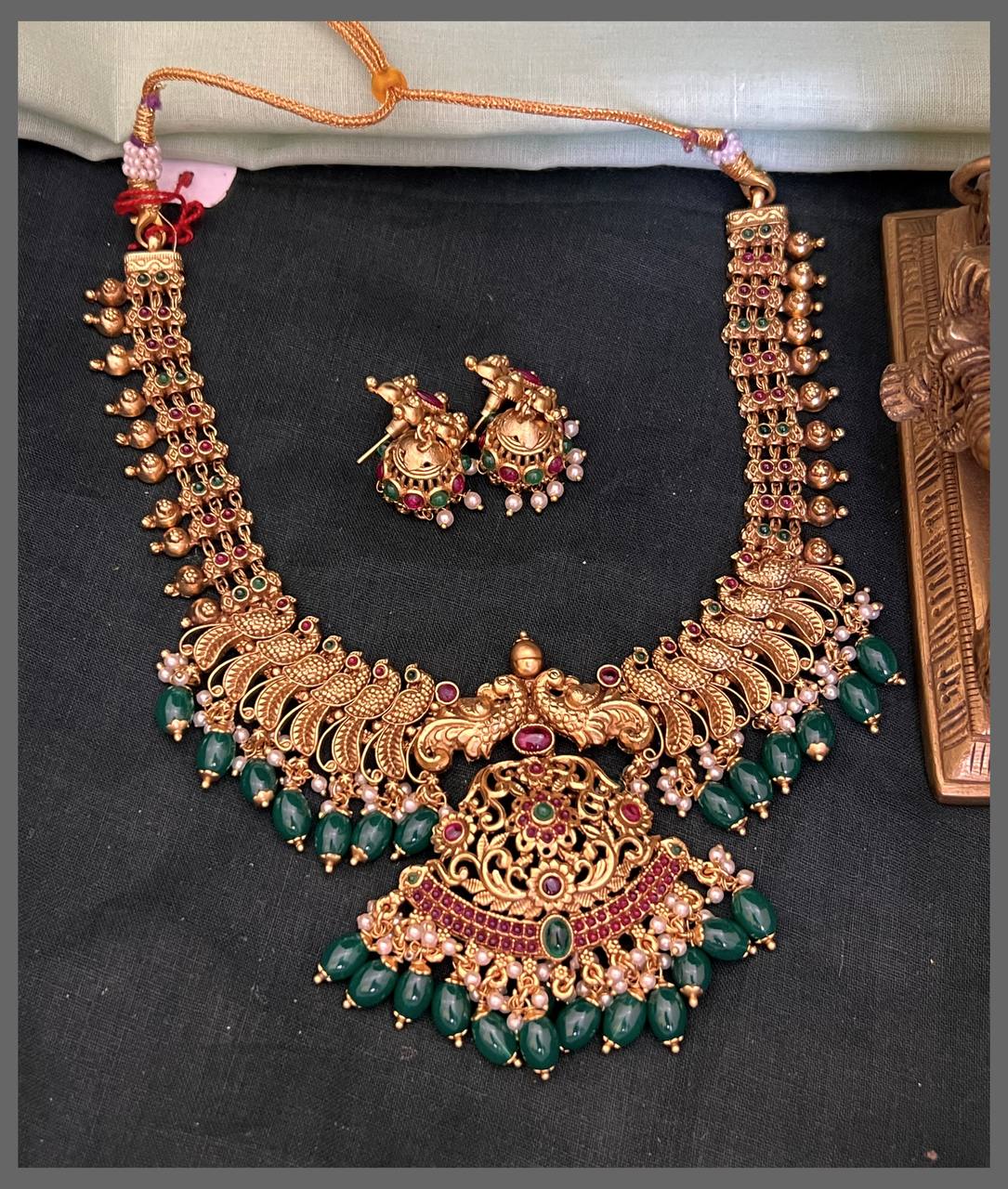 Multi Colour Flower Pendant with Peacock Necklace in Nakshi - NN00838