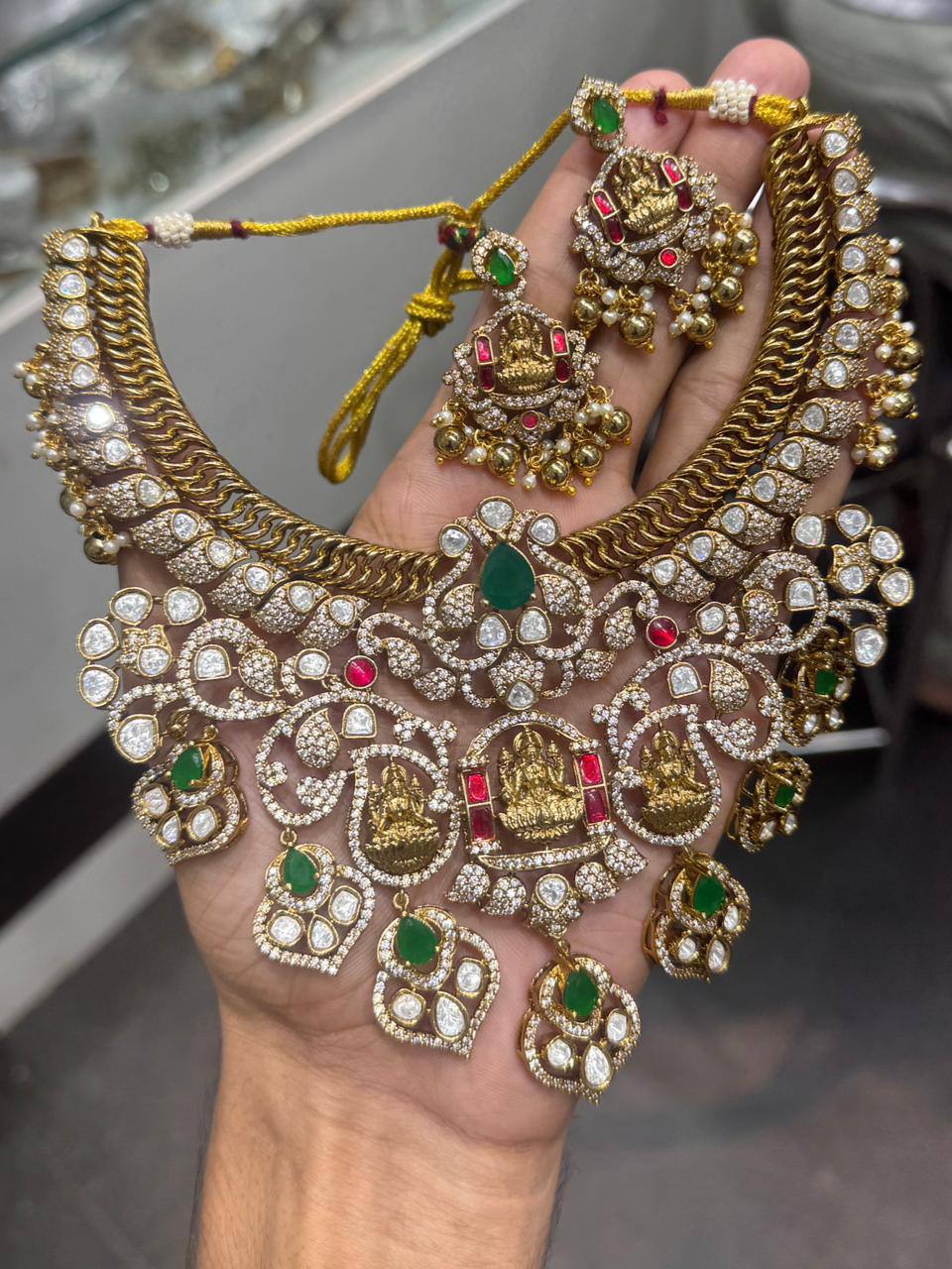 Victorian Gold Replica Lakshmi Set With Earrings - VN00175