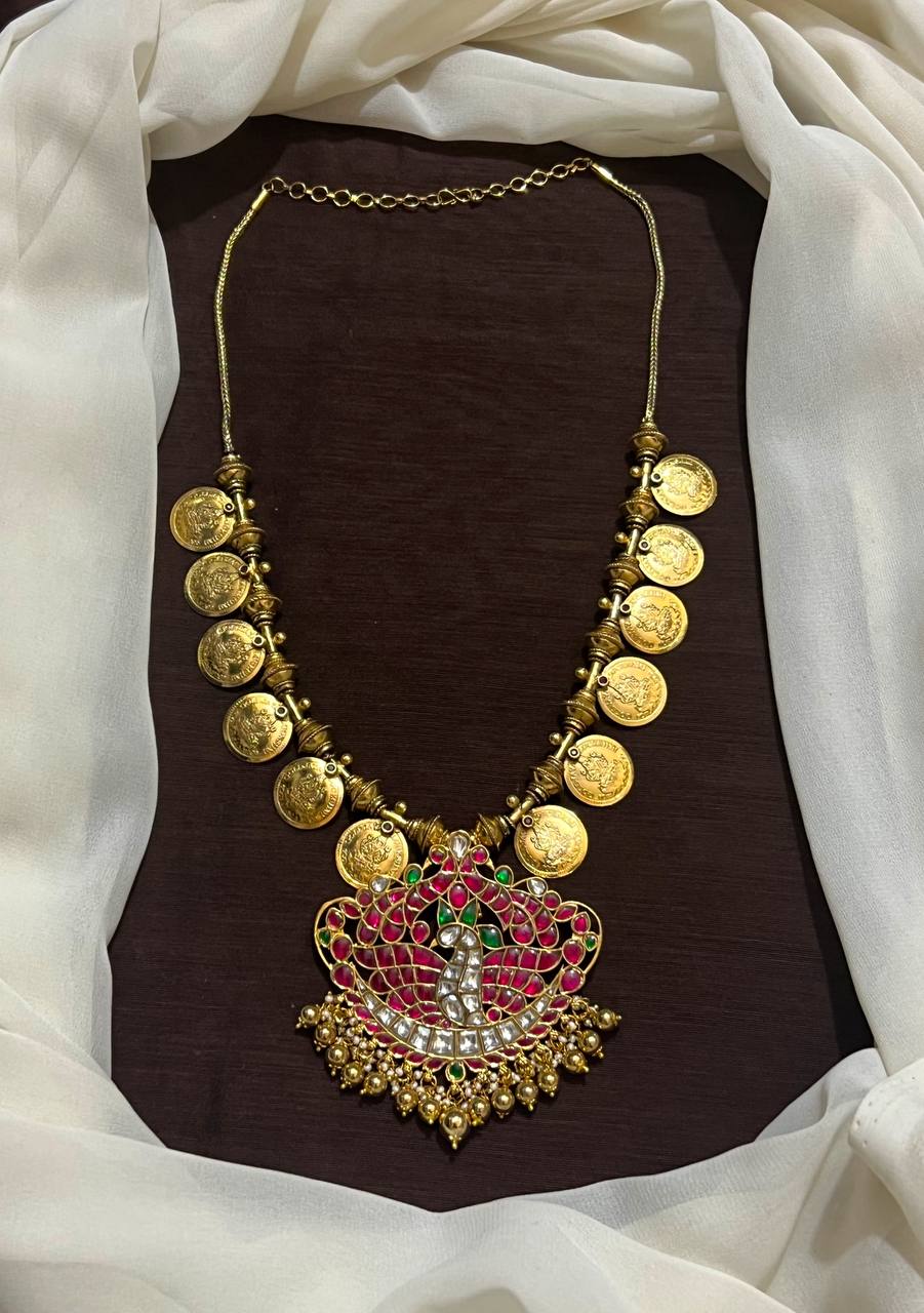 Gold Replica Kaasu Necklace With Peacock Pendant - KN00103