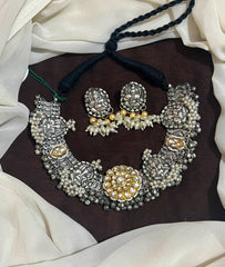 German Silver Necklace With Jadau Pendant and Rice PEarls - NN00990