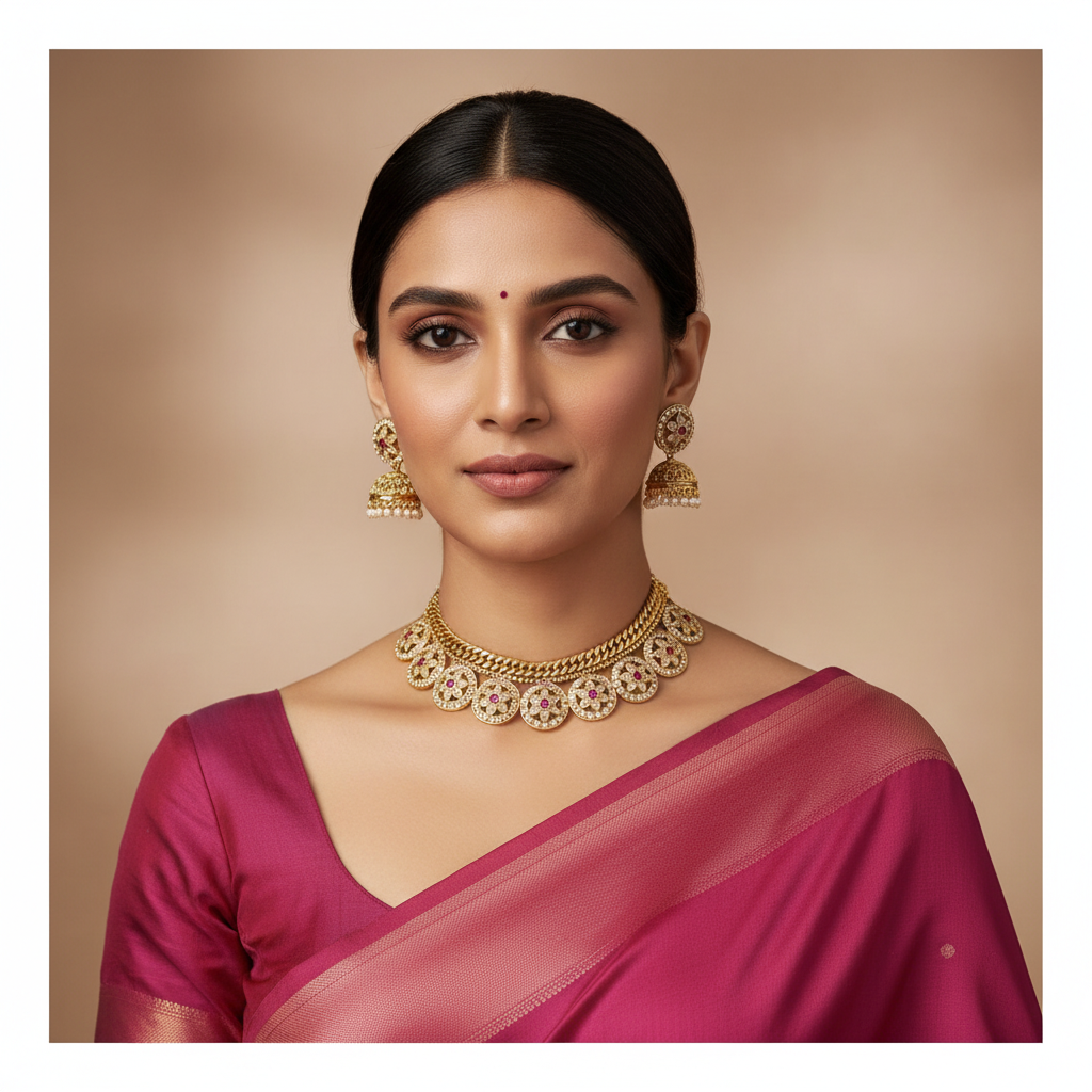 Jadau Jilebi Bottu Necklace With Jhumki - KN00603
