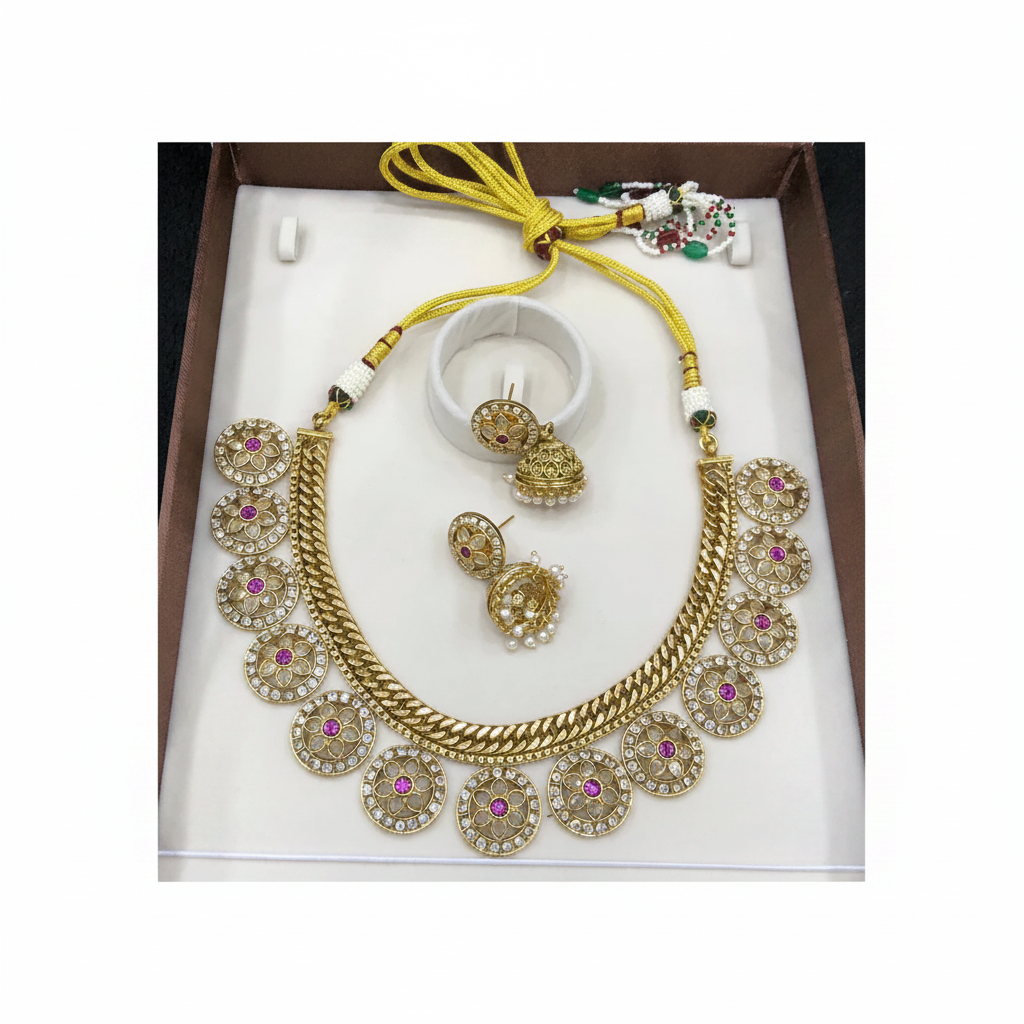 Jadau Jilebi Bottu Necklace With Jhumki - KN00603