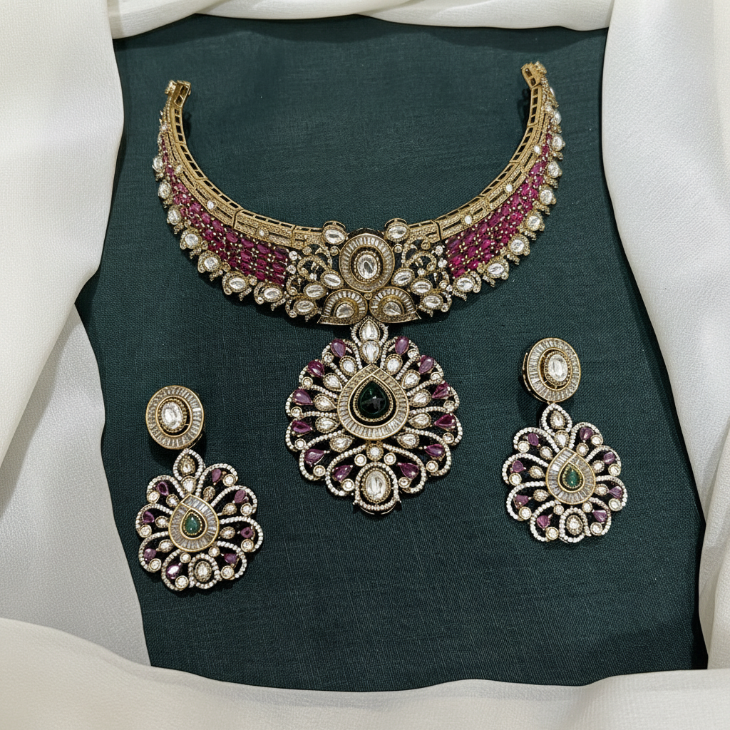 Victorian Ruby Stone Mega Choker With Earrings - VN00187
