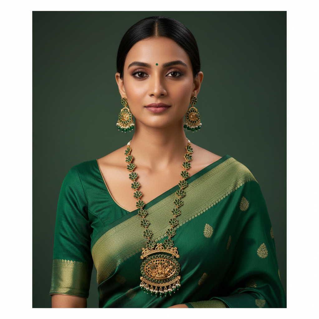 Kempu Flower Pattern Haram With Earrings - NH00466