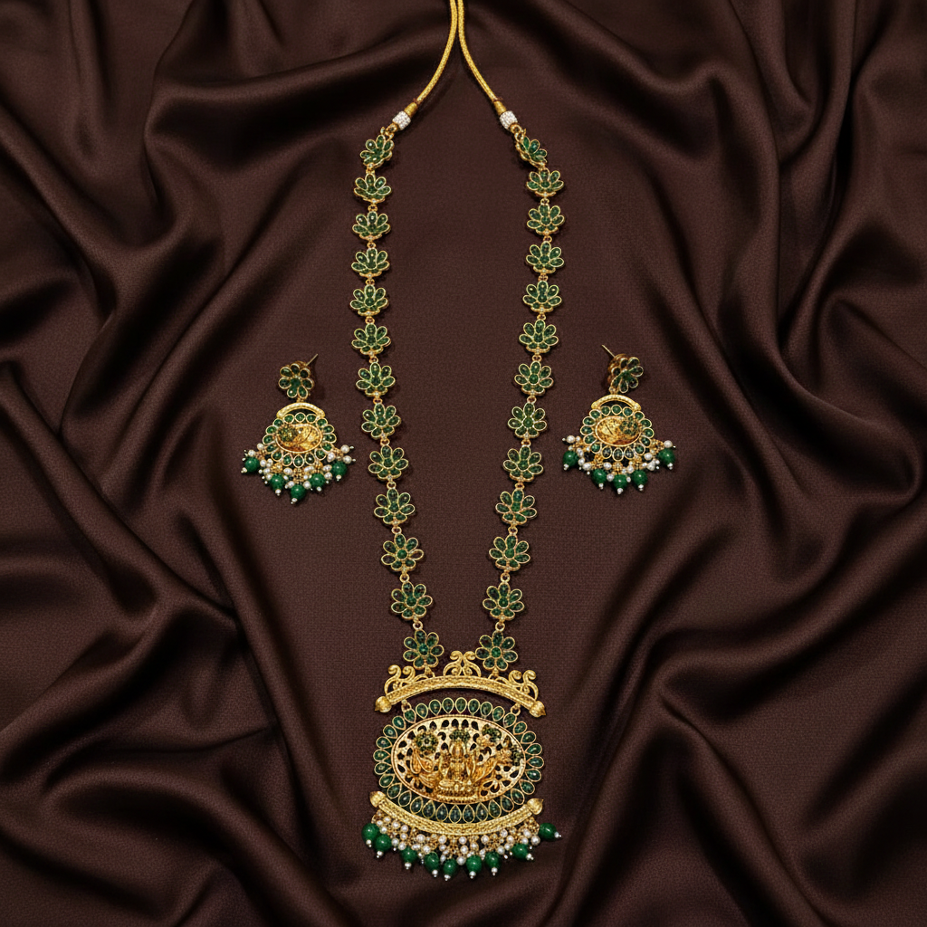Kempu Flower Pattern Haram With Earrings - NH00466