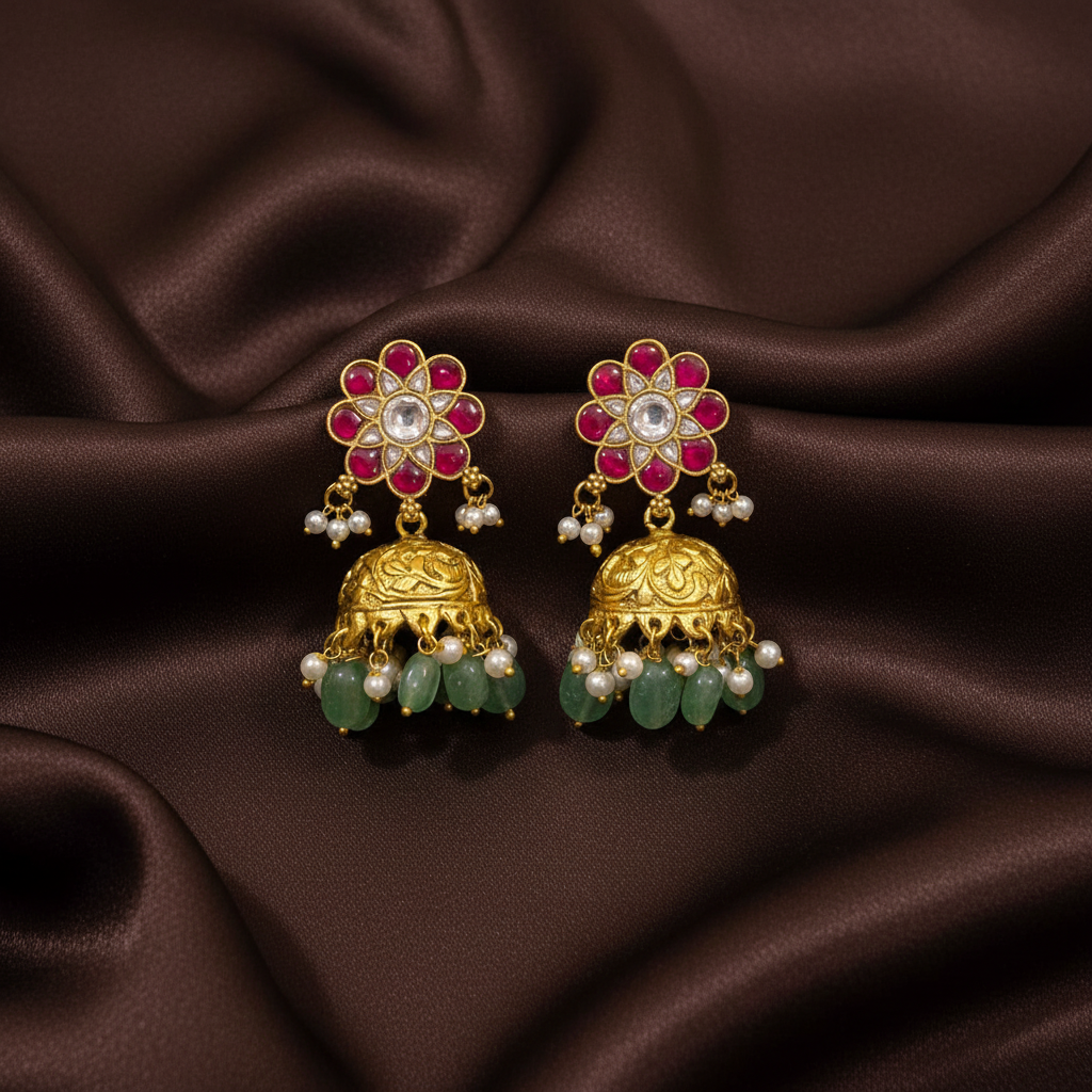 Jadau Flower Stud With Gold Replica Jhumki - KE00593