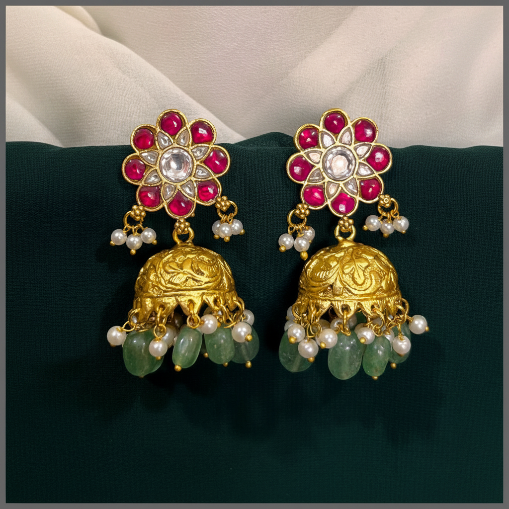 Jadau Flower Stud With Gold Replica Jhumki - KE00593