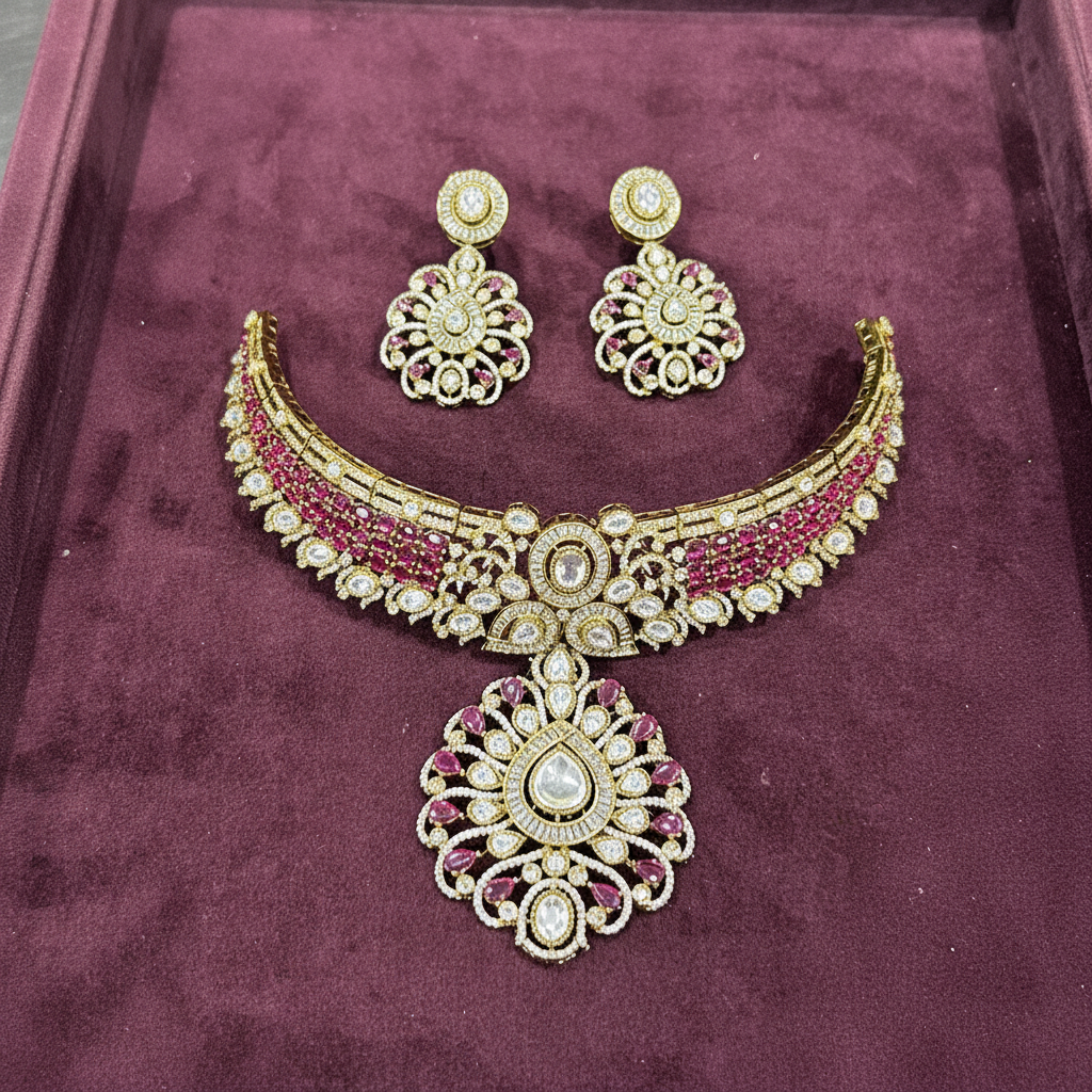Victorian Ruby Stone Mega Choker With Earrings - VN00187