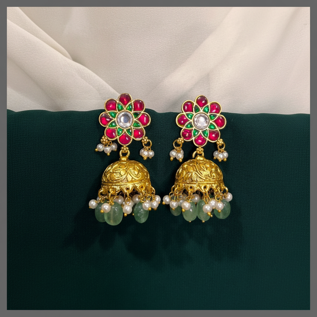 Jadau Flower Stud With Gold Replica Jhumki - KE00593