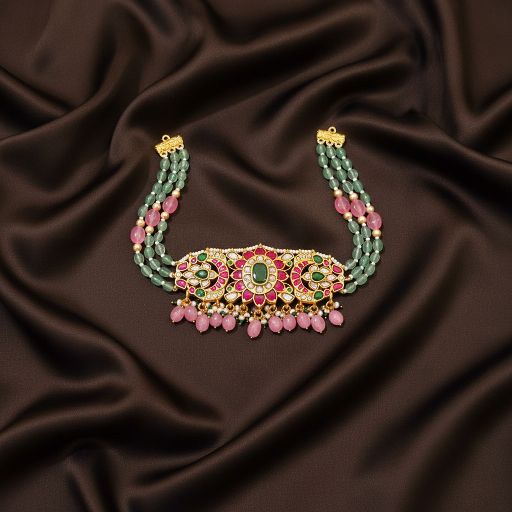 Beautiful Jadau Kundan Choker with Emrald beads - KN0036