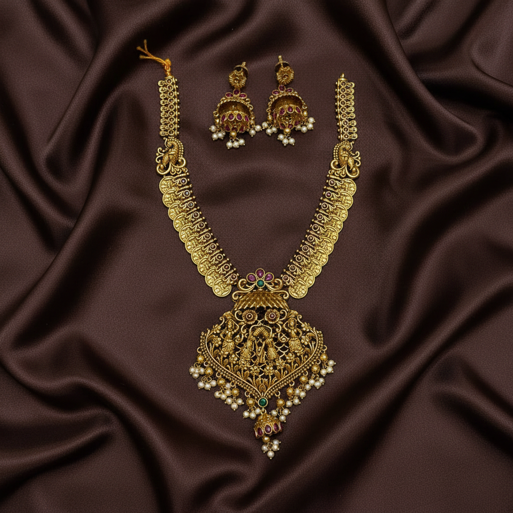 Radha Krishna Naskhi Necklace With Jhumki - NN00952
