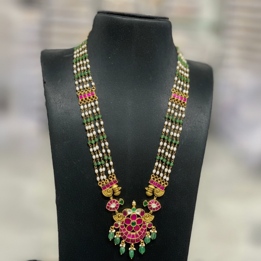 White And Green Beads With Jadau Pendant - PB00594