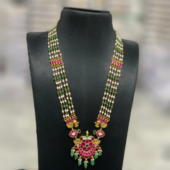 White And Green Beads With Jadau Pendant - PB00594