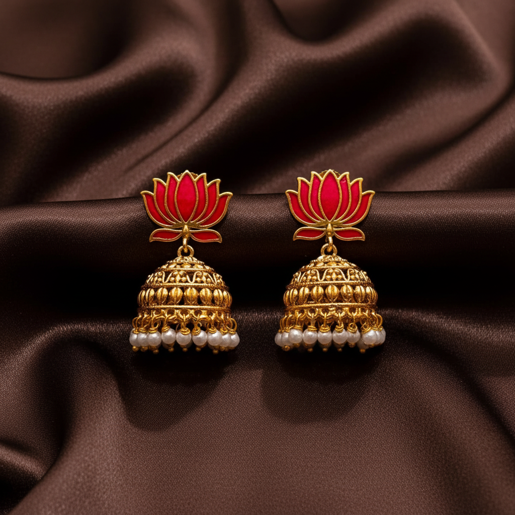 Lotus Nakshi Jhumki In Enamel Painted - NE00640