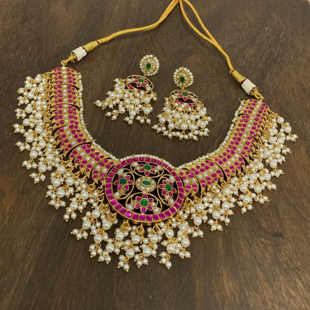 Jadau Replica Necklace In Pota Stones With Pearls And Earrings - KN00628