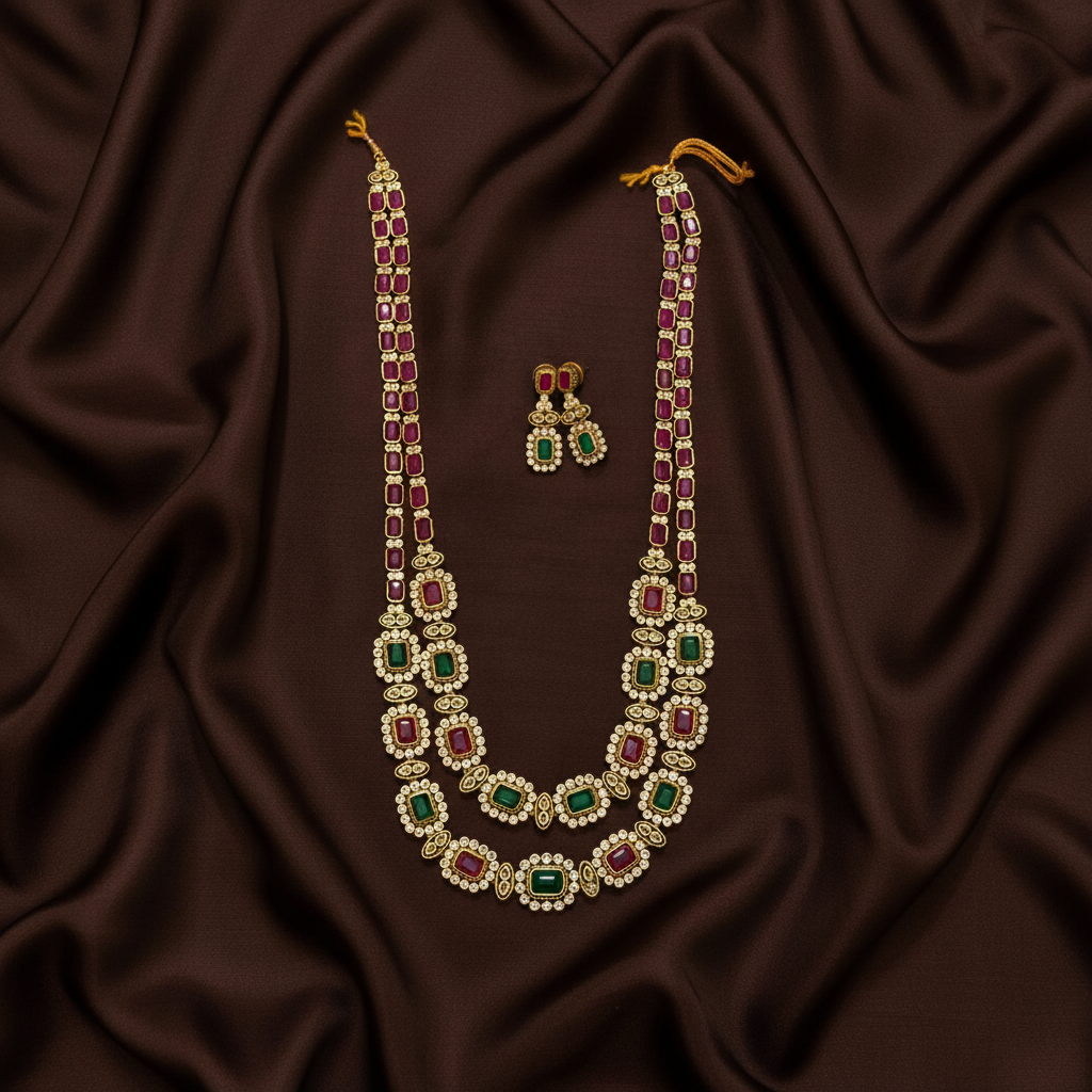 Beautiful Silver Replica Navaratna and Ruby 2 Line Haram - NH00472
