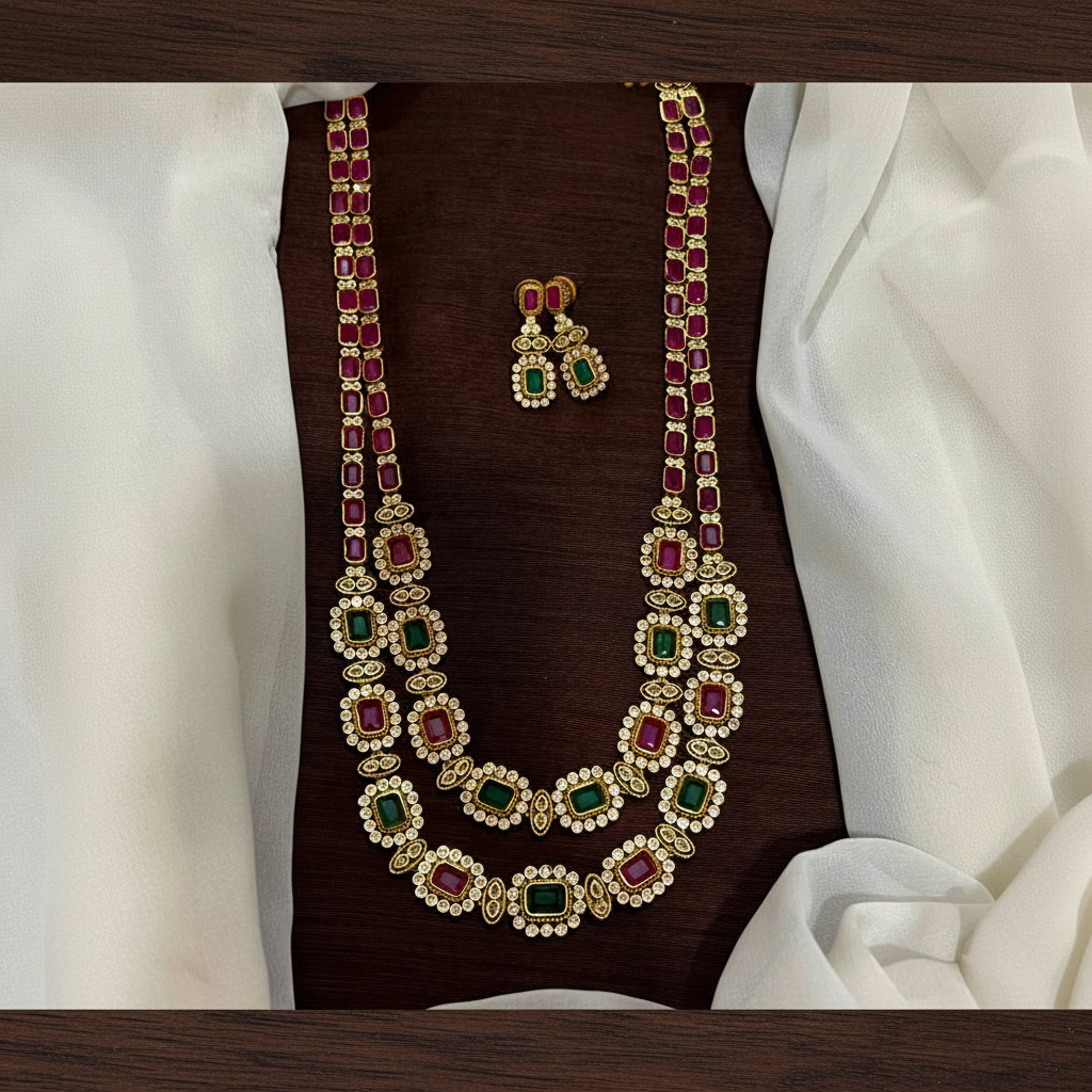 Beautiful Silver Replica Navaratna and Ruby 2 Line Haram - NH00472
