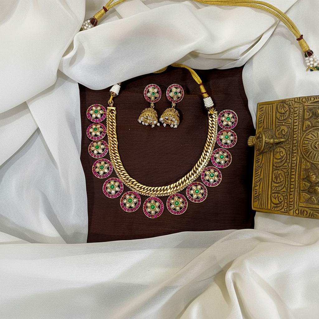 Jadau Jilebi Bottu Necklace With Jhumki - KN00603