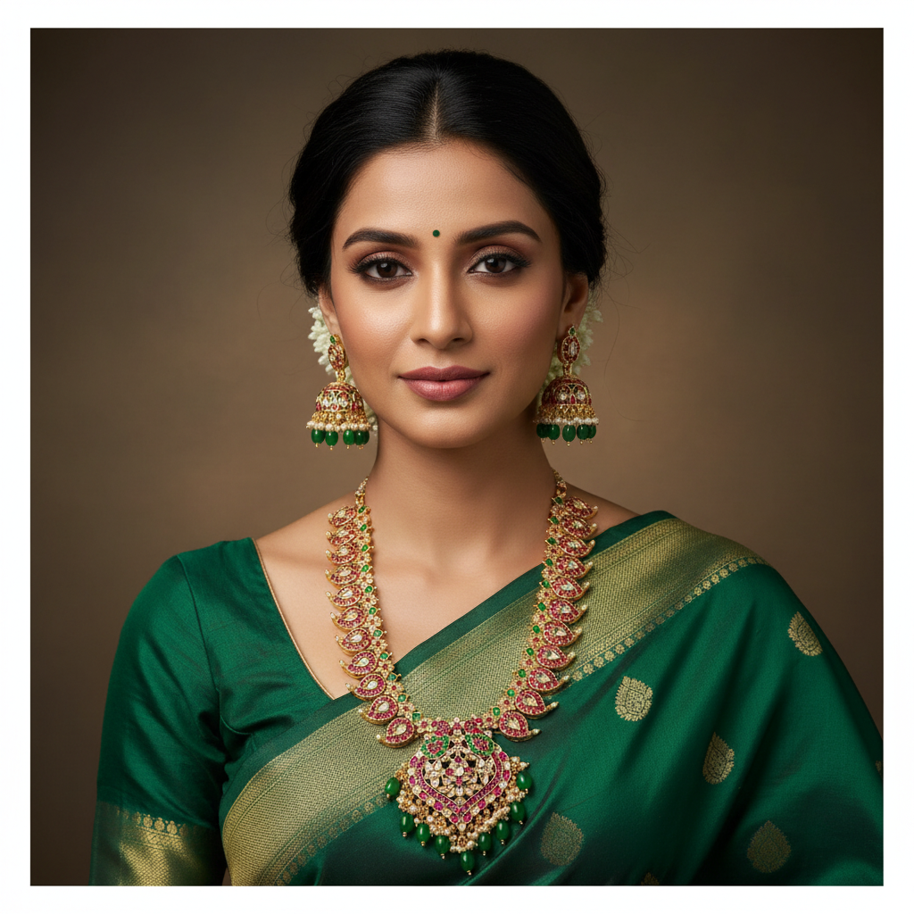 Jadau Long Mango Haram With Peacock Pendant - KH00404