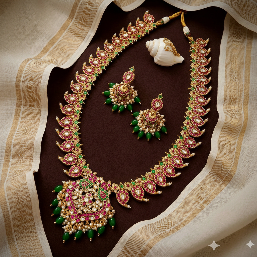 Jadau Long Mango Haram With Peacock Pendant - KH00404