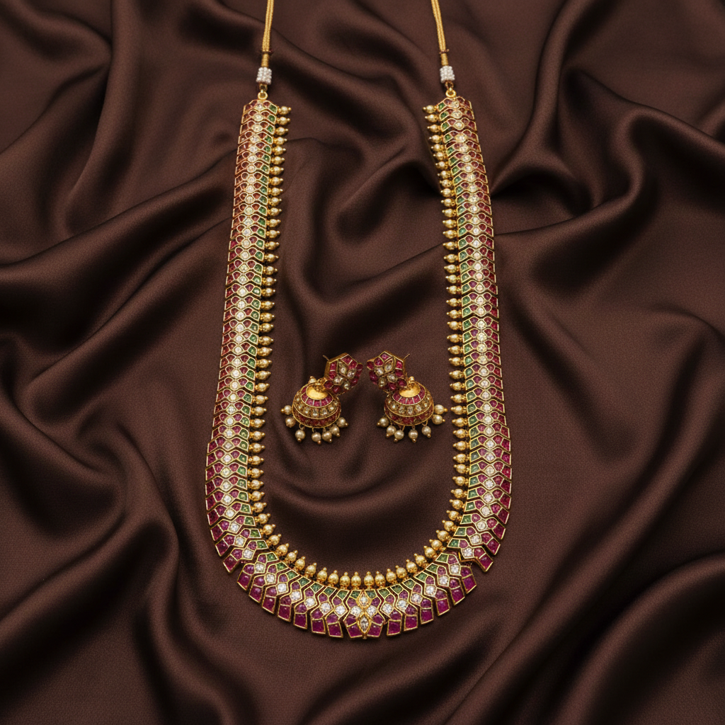 Kempu Z Pattern Long Haram With Jhumkis - NH00410