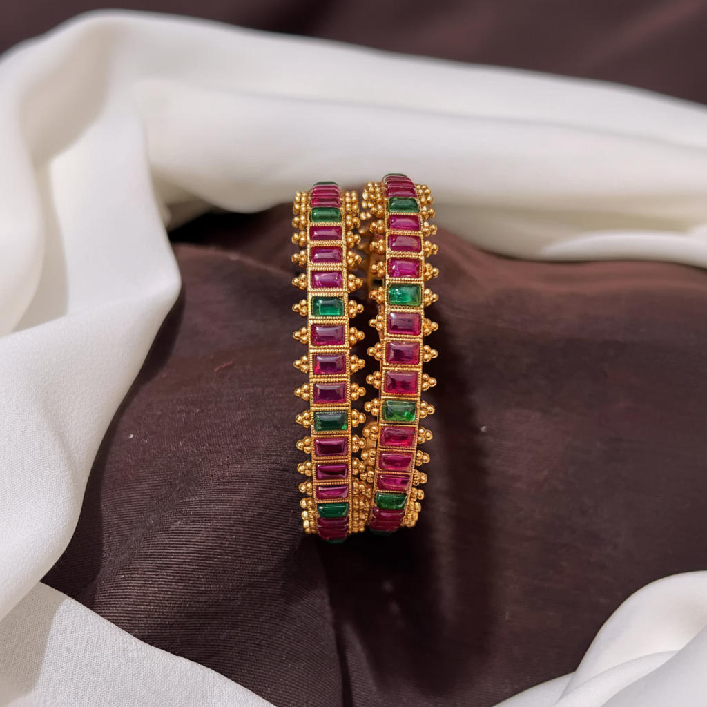 Kempu Stone Rectangle Pattern Multicolor Bangle - BG00667