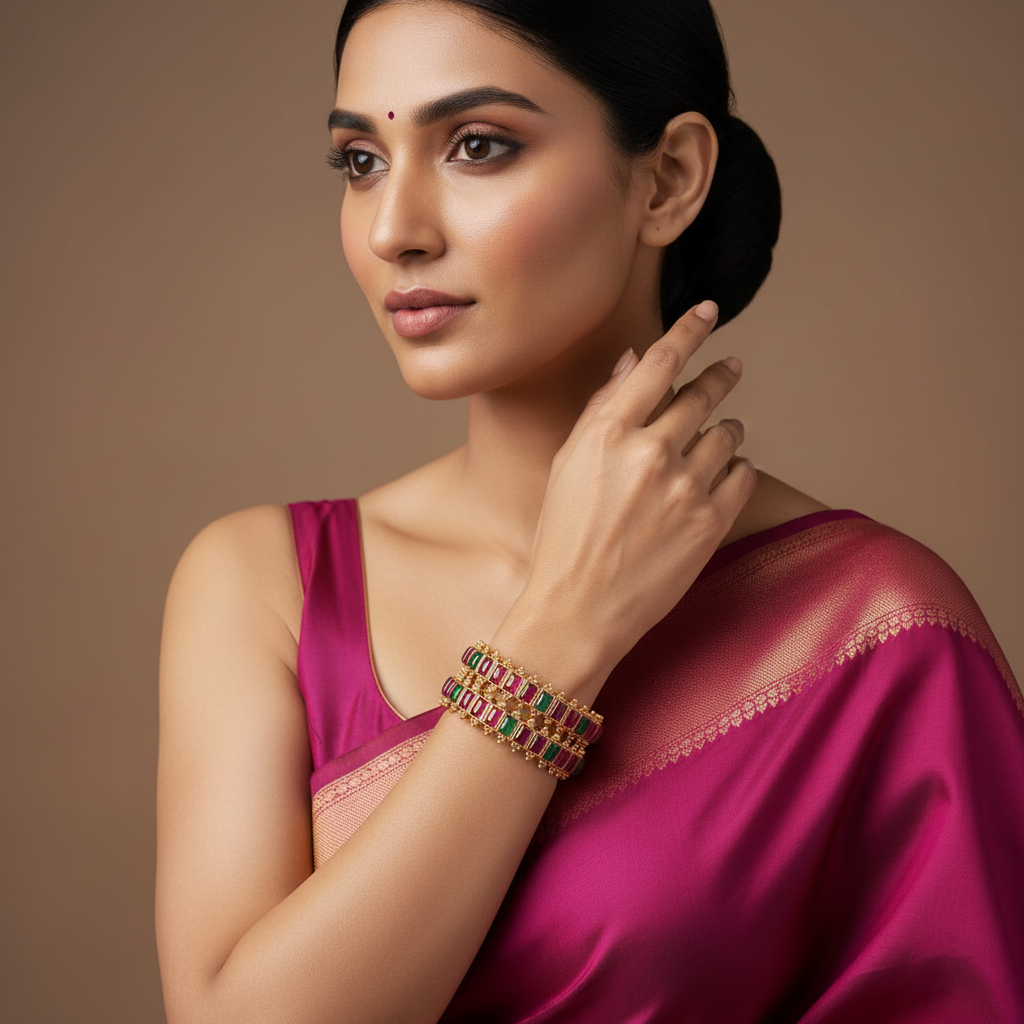 Kempu Stone Rectangle Pattern Multicolor Bangle - BG00667
