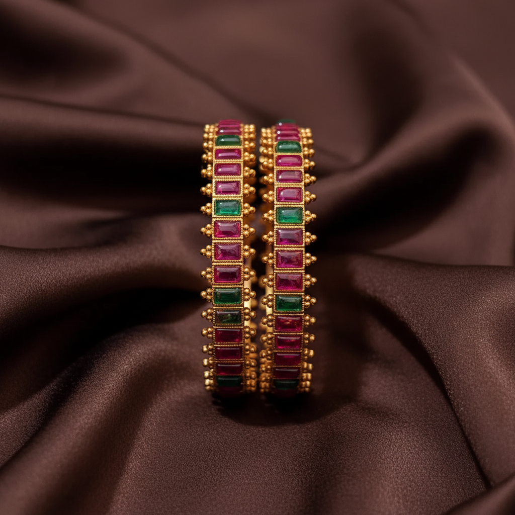 Kempu Stone Rectangle Pattern Multicolor Bangle - BG00667