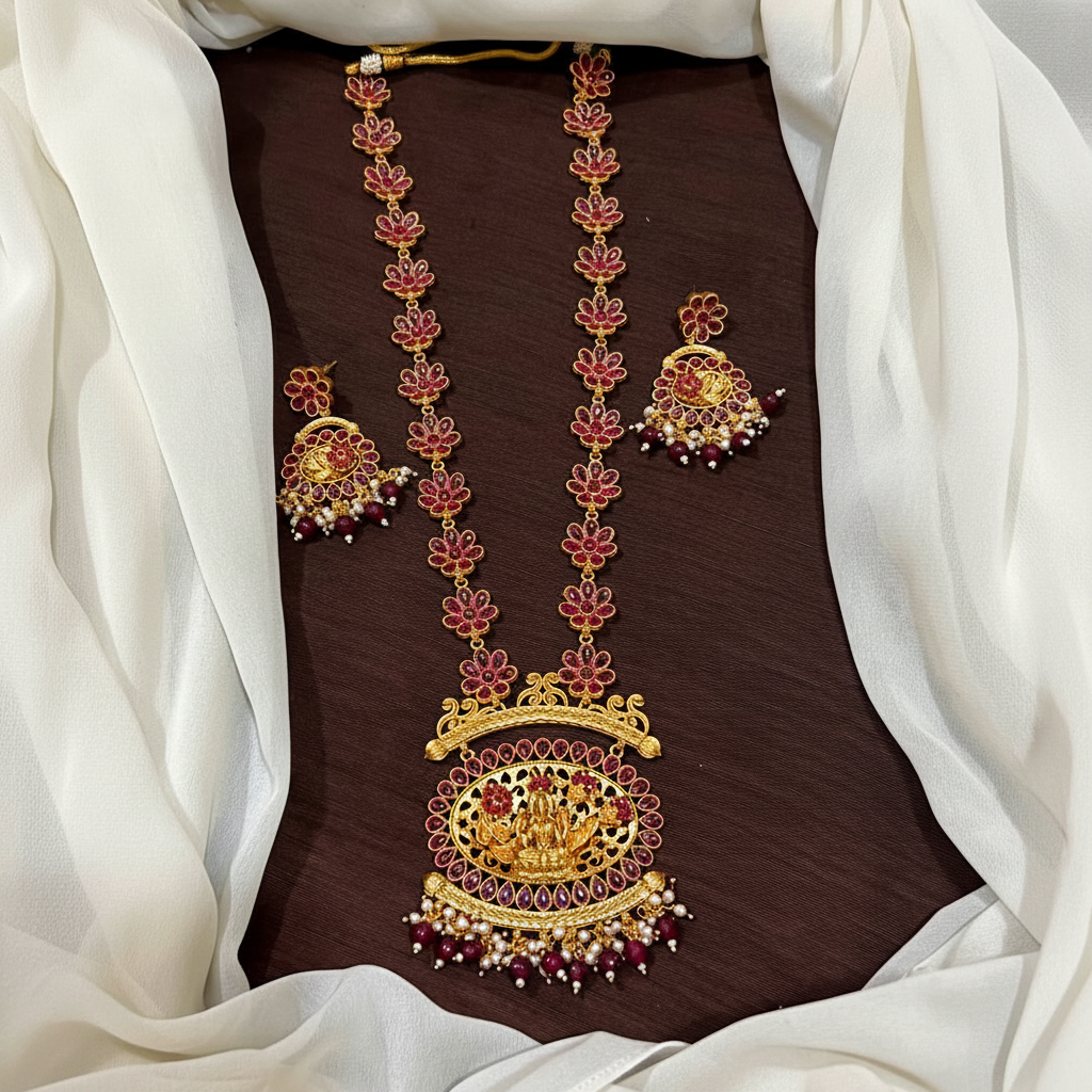 Kempu Flower Pattern Haram With Earrings - NH00466