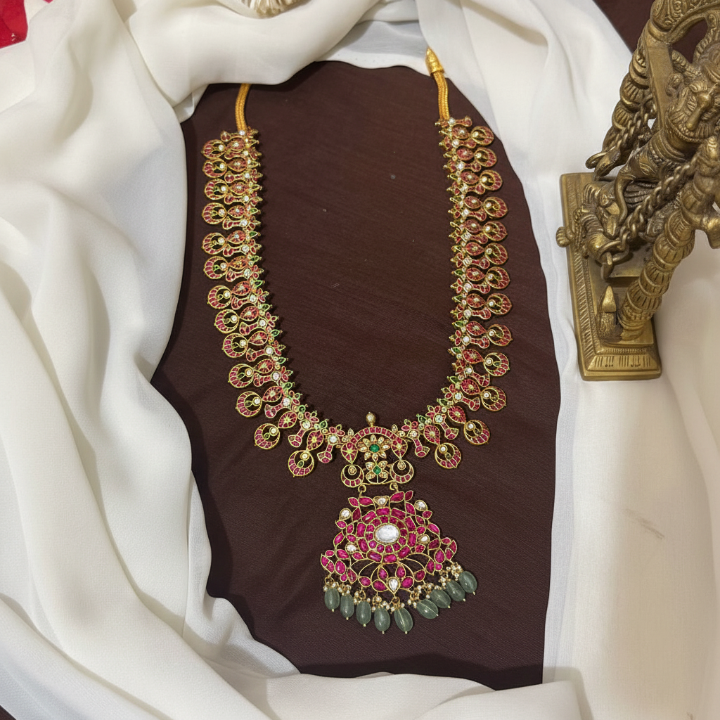 Jadau Long Haram with small bottu - KH00423