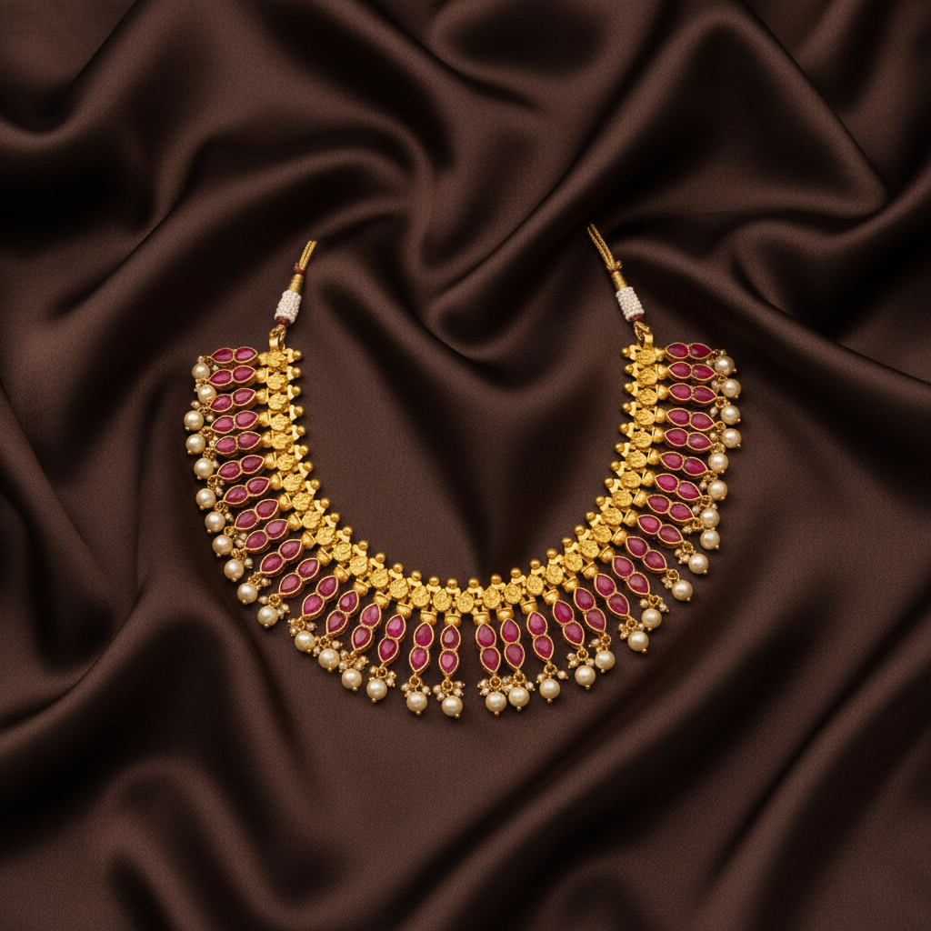 Jadau Double Leaf Necklace in Gold Polish - KN00590