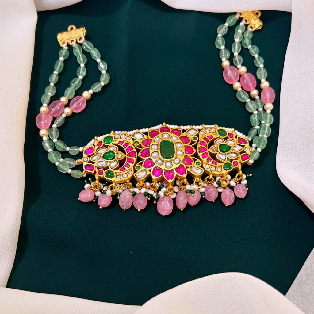 Beautiful Jadau Kundan Choker with Emrald beads - KN0036
