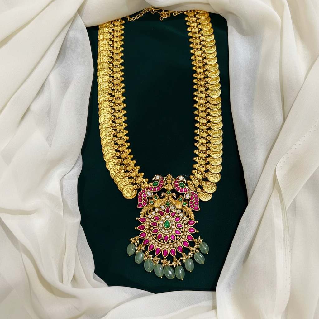 Kaasu mala with Ruby Peacock & Lakshmi pendent in Kundan - KH00161