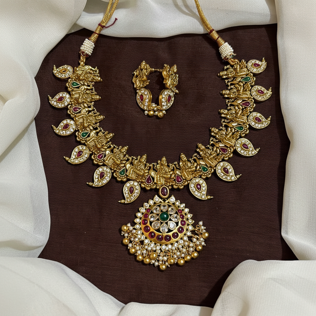 Antique Kempu Mango Necklace With Earrings - NN00981