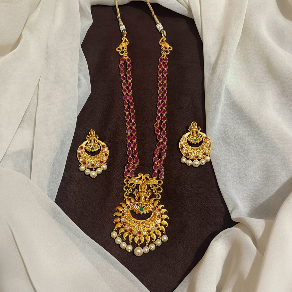 Double Line Ruby Set in Gold Polish With Earrings - NH00513