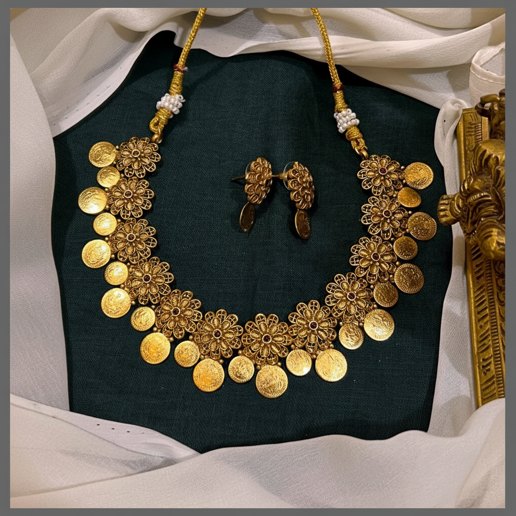Antique Kaasu with Antique Flower Necklace in Nakshi - NN00760