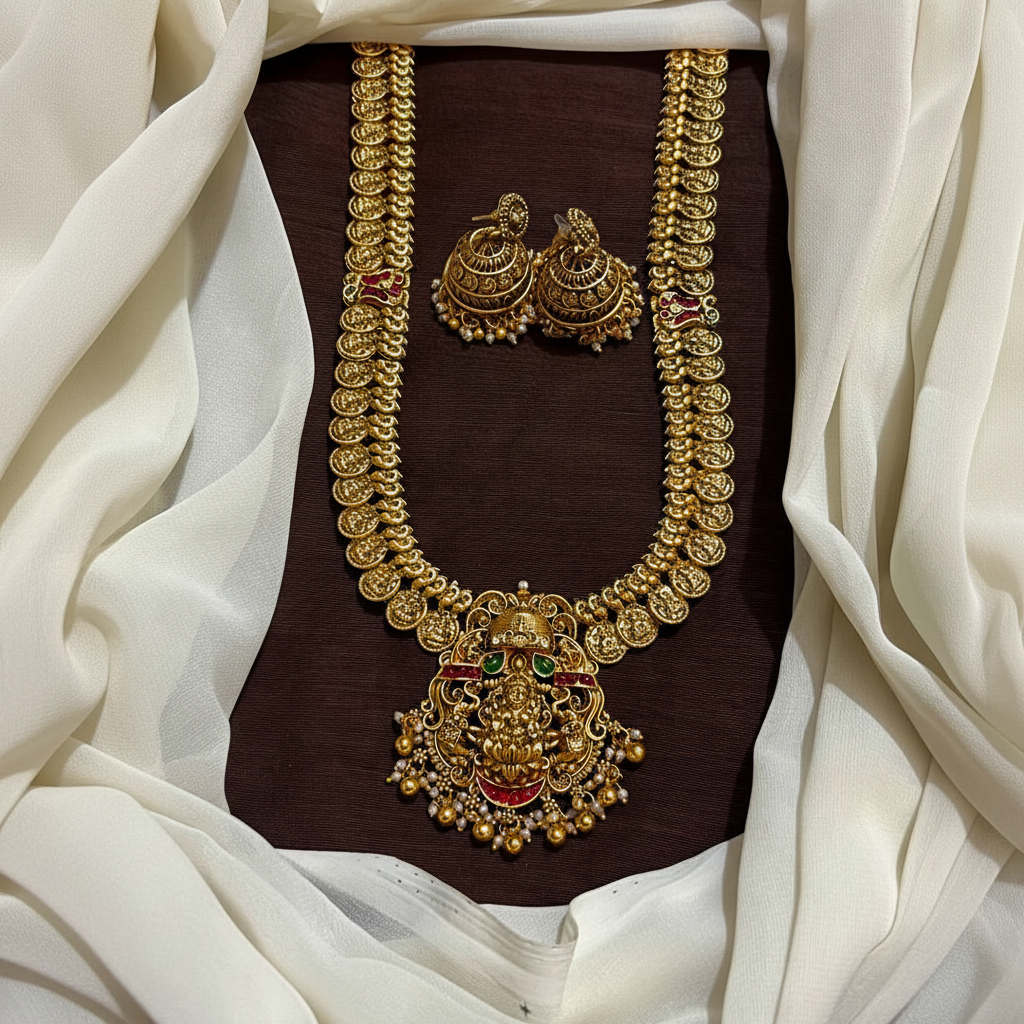 Kaasu Long Lakshmi Haram With Jhumkis - NH00491