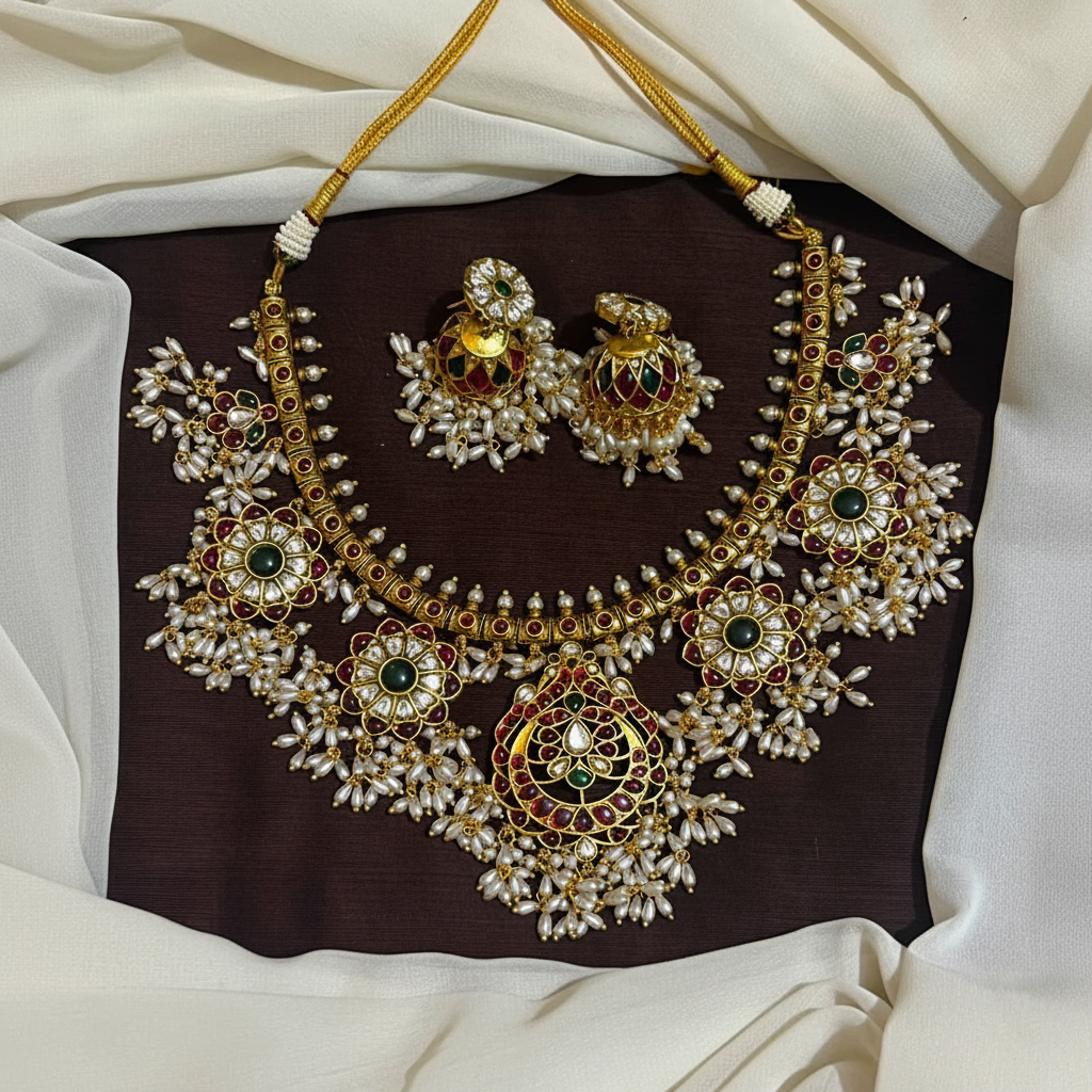 Kempu Guttipusalu Neckalce With Grand Jhumki - NN00980