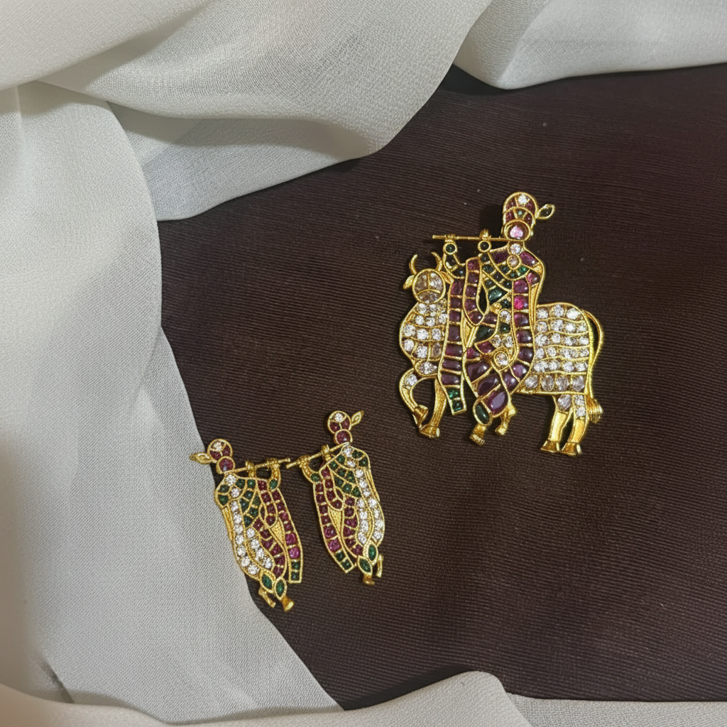 Kempu Stone Krishna Pendant With Earrings - NP00110