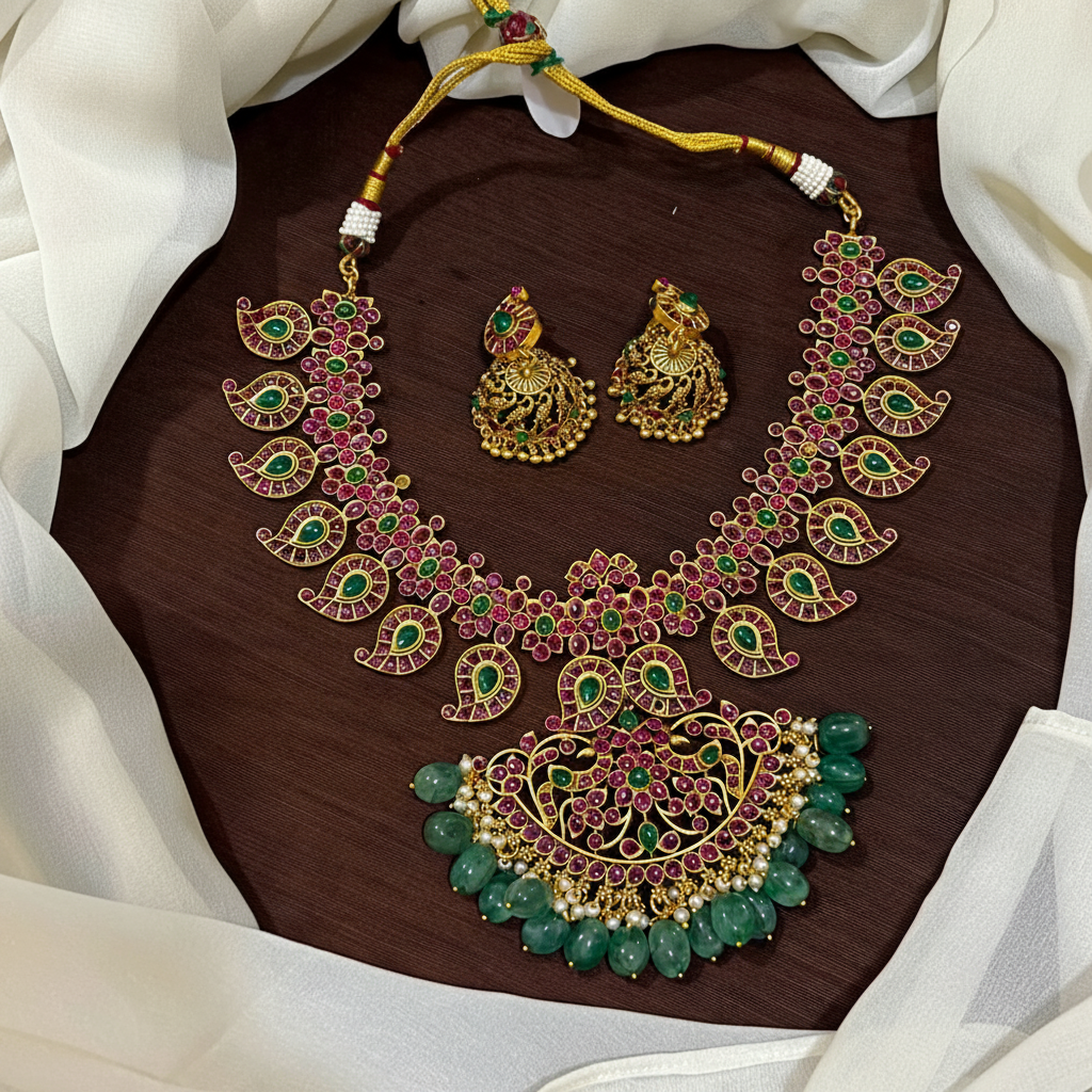 Kempu Mango necklace With Emerald Big Beads - NN00955