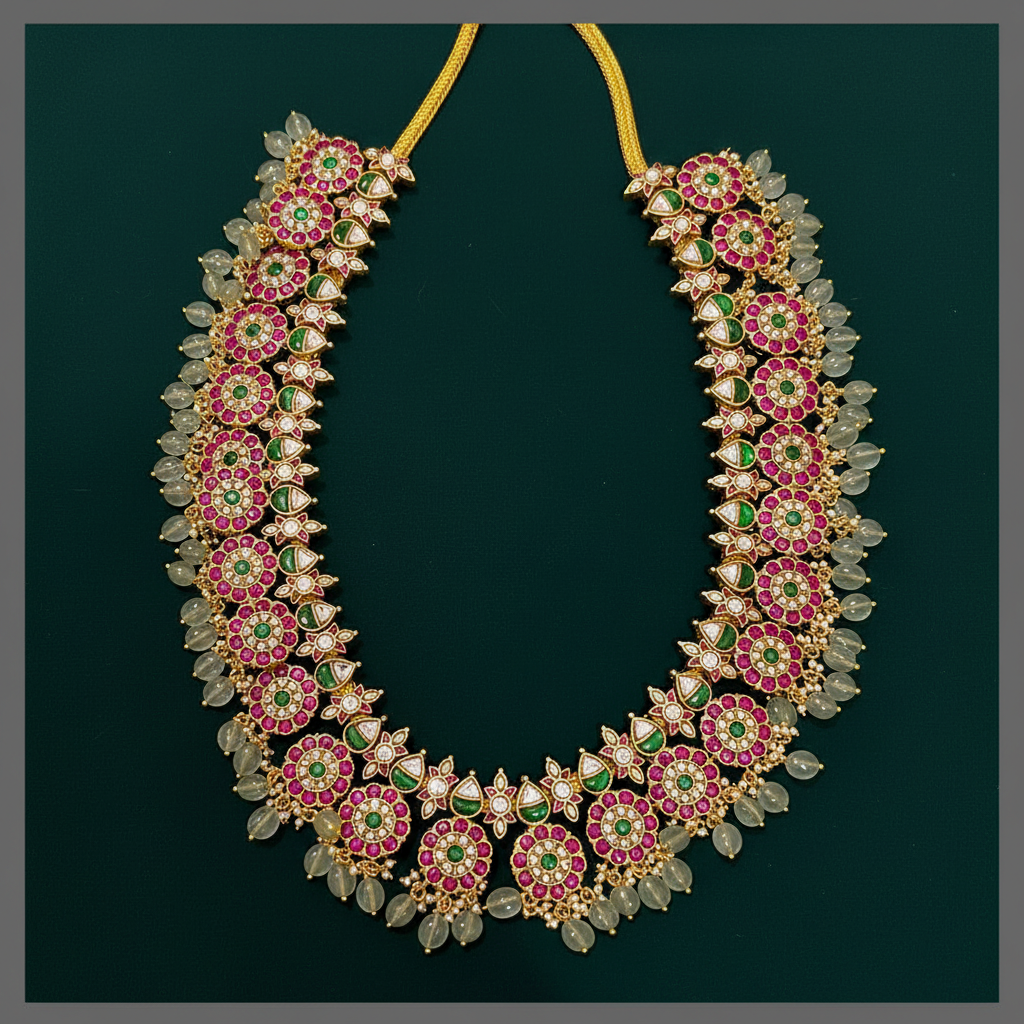 Beautiful Flower and Dew Drops Kundan Haram - KH00300