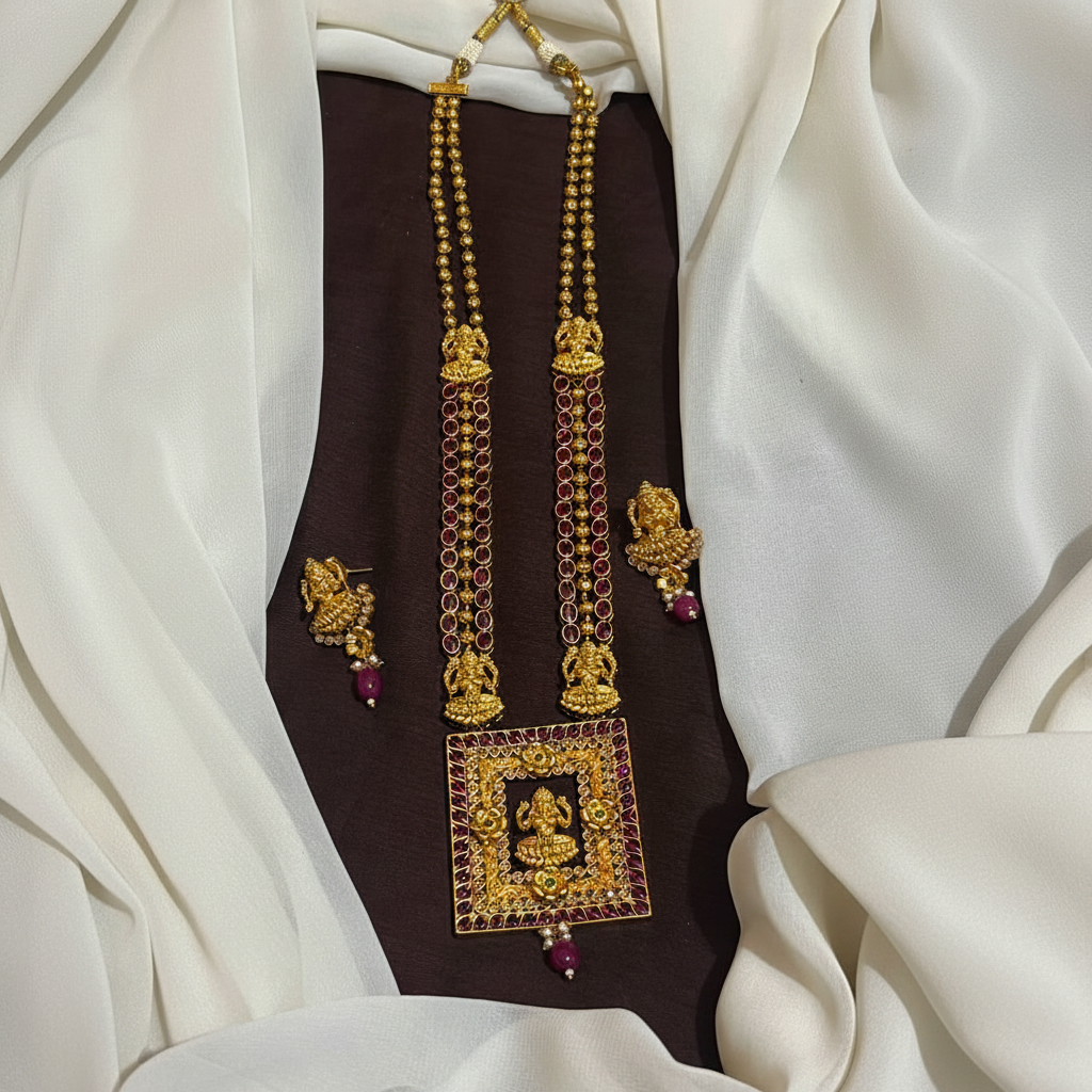 Lakshmi Devi Photo Frame Pendant in Antique Gold polish balls chain - NH00505