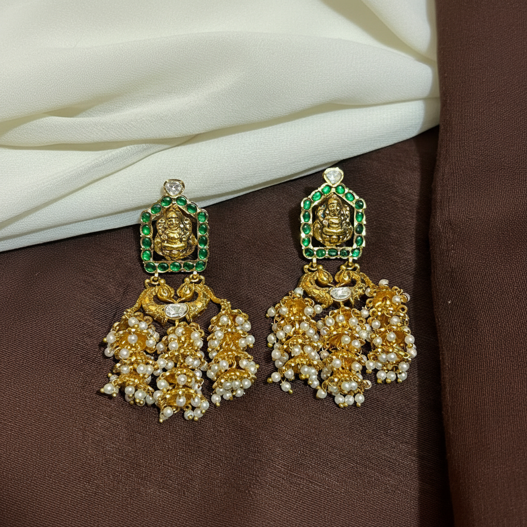 Jadau Stone Lakshmi 3 jhumki traditional earrings - KE002
