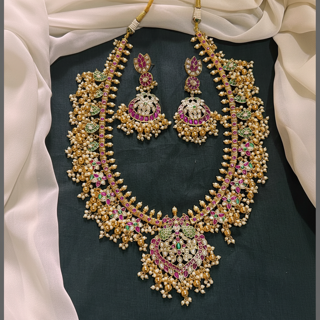 Beautiful Multi Flower Haram with Peacock Pendant in Kundan - KH00315