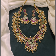 Beautiful Multi Flower Haram with Peacock Pendant in Kundan - KH00315