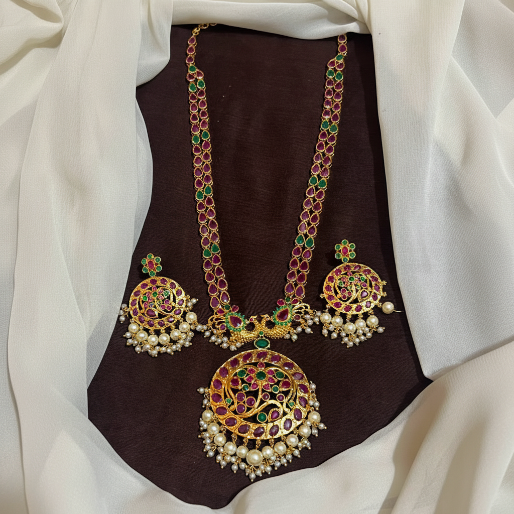 Multi Stones in Gold Polish 2 line Rani Haram - NH00506
