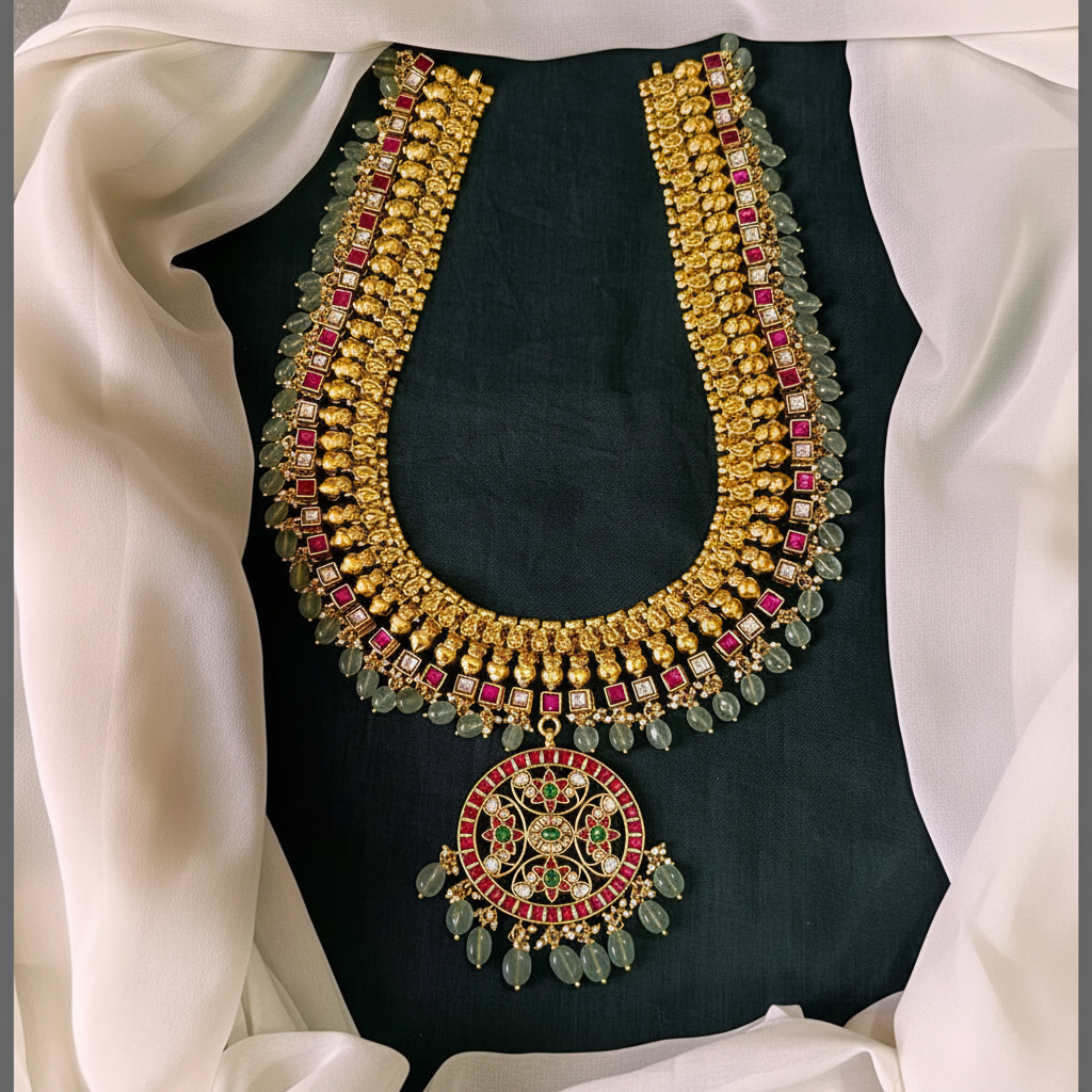 Beautiful Flower Multi Pendant with White and Ruby Stone Haram in Kundan - KH00337