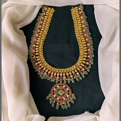 Beautiful Flower Multi Pendant with White and Ruby Stone Haram in Kundan - KH00337