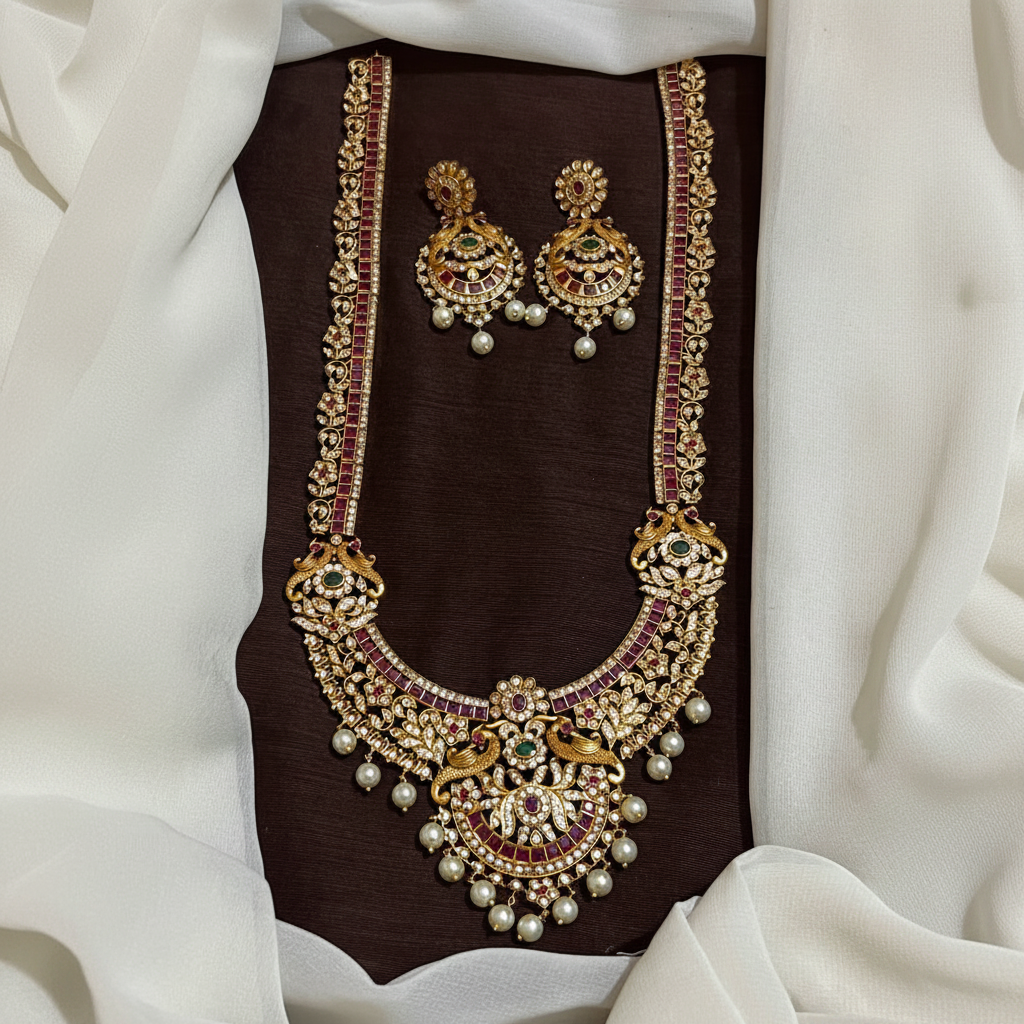Antique Polish Nakshi Long Haram With Earrings And Kempu Stones - NH00514