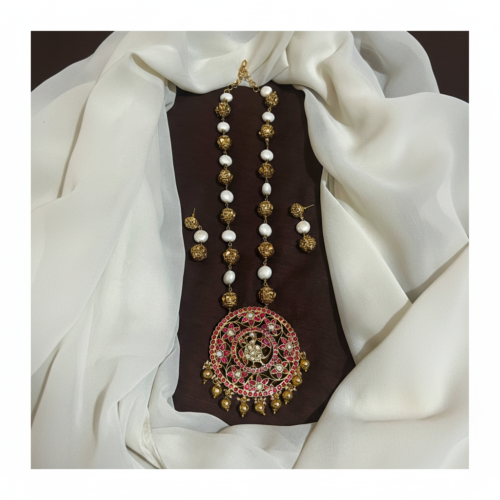 Jadau Ruby Big Pendant With Pearl And Nakshi Ball Chain With Earrings - PB00612